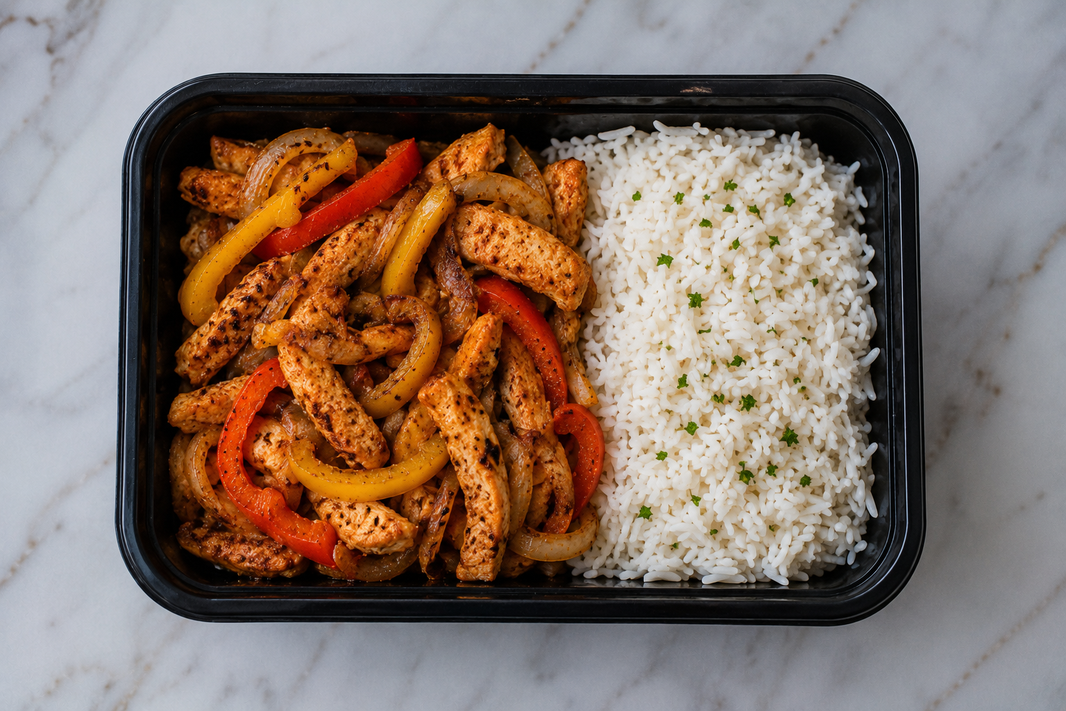 Opção 01 - Frango Fajita - Frango Fatiado com Pimentões, Cebola Salteada e Arroz Branco.